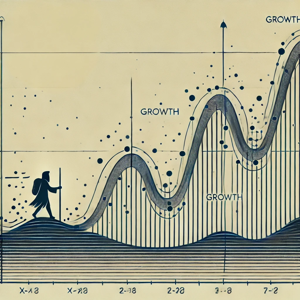 Abstract graph illustrating long-term growth with fluctuations over time.