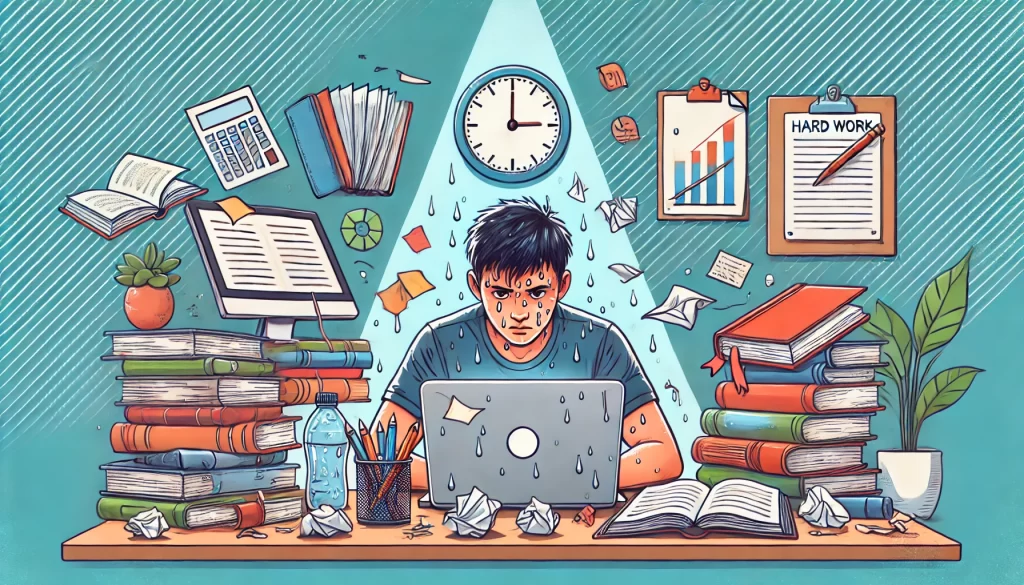 Person working hard at a desk surrounded by books and notes, symbolizing persistence and effort.